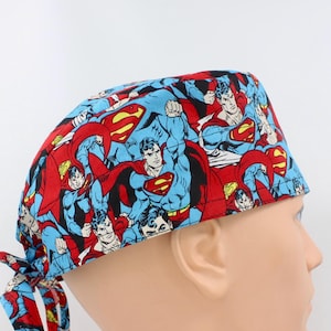 Cartoon Superheroes Print Cotton 3.5&quot; tall Handmade Scrub Cap: Medical, Nurse, Doctor, OR, Surgeon, Pediatrics, Veterinarian, Vet Tech