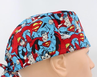 Cartoon Red and Blue Print Cotton 3.5" tall Handmade Scrub Cap for Men