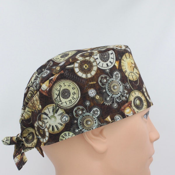 Steampunk Clocks Mens Scrub Cap, Mens Scrub cap, Medical cap, Doctor cap, Mens medical hat, Mens tie cap, Tie cap, surgical cap, OR cap