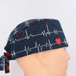 Cardiac Care Blue Mens Scrub Cap, Mens OR Cap, Medical Cap, Doctor Cap, Tie Cap.  Enjoy FREE shipping when you spend 35 dollars or more!