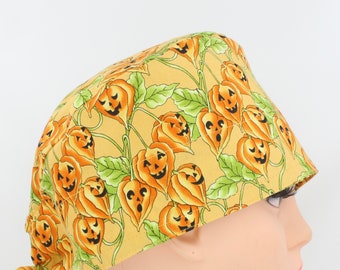 Gorro quirúrgico de algodón hecho a mano con diseño de calabazas de Halloween, 11,4 cm de alto.
