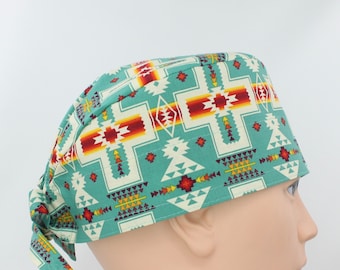 Southwest Aqua Cotton 3.5" tall Handmade Scrub Cap for Men
