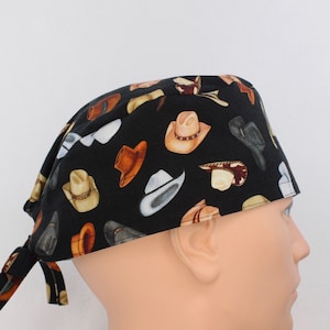 Cowboy Hats on Black Western Theme Cotton 3.5" tall Handmade Scrub Cap for Men
