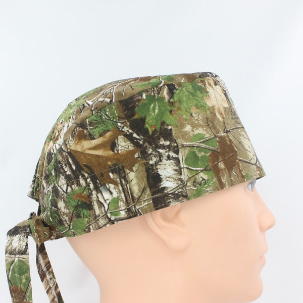 Camouflage Trees and Leaves Mens Scrub Cap, Nurse Scrub Cap, Medical cap, Doctor cap, Mens medical hat, Mens tie cap, surgical cap, OR cap