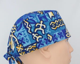 Hawaiian Tribal Print Blue & Yellow Cotton 3.5" tall Handmade Scrub Cap for Men