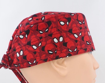 Cartoon Spider Hero Red Cotton 3.5" tall Handmade Scrub Cap for Men