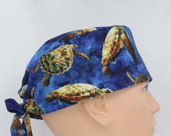 Sea Turtles on Navy Blue Cotton 3.5" tall Handmade Scrub Cap for Men