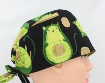 Avocado Cat Cotton 4.5" tall Handmade Scrub Cap for Women