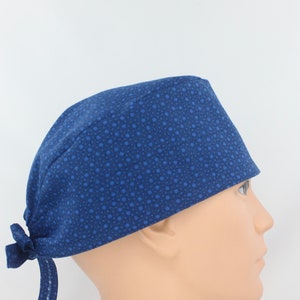 Navy with Dots Mens Scrub Cap, Mens OR Cap, Medical Cap, Doctor Cap, Tie Cap.   Enjoy FREE shipping when you spend 35 dollars or more!