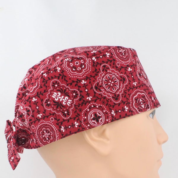Paisley Red Bandana Print Cotton 3.5" tall Handmade Scrub Cap for Men