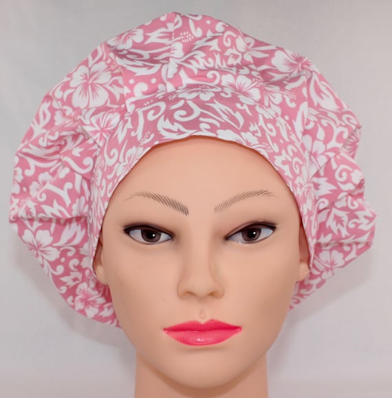 Hibiscus Floral Medical Bonnet: Pink Bouffant Scrub Cap for  display picture 1