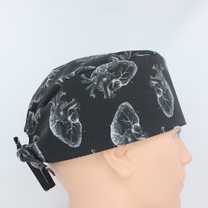 Gray Scale Hearts on Black Mens Scrub Cap, Medical cap, Doctor cap, Mens scrub cap. Enjoy FREE shipping when you spend 35 dollars or more!