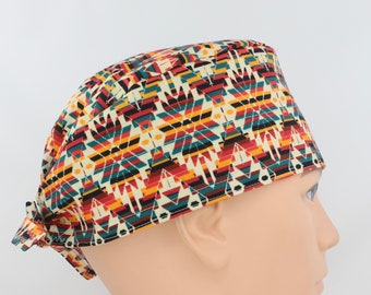 Mens Geometric Print Cotton 3.5" tall Handmade Scrub Cap for Men