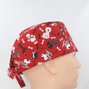Dogs on Red Mens Scrub Cap, Mens OR Cap, Medical cap, Veterinary cap, Doctor cap. Enjoy FREE shipping when you spend 35 dollars or more!