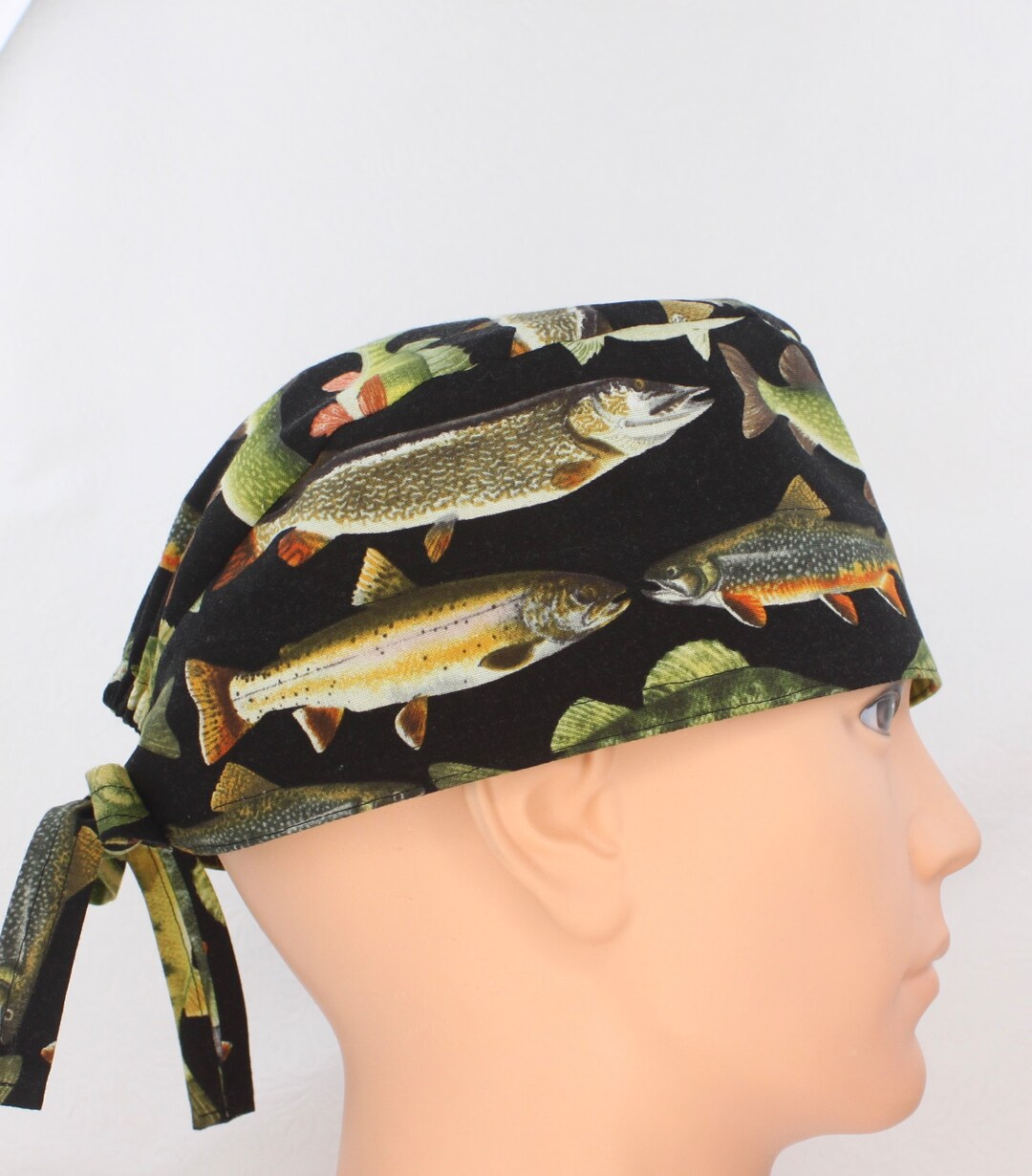 Trout Fish Green Mens Scrub Cap, OR Cap, Medical Cap, Doctor Cap