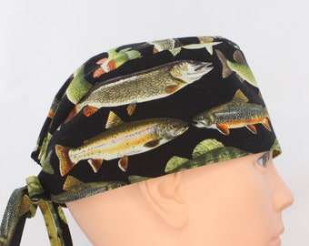 Fish Mens Scrub cap, Mens Scrub cap, Medical cap, Doctor cap, Mens medical hat, Mens tie cap, Tie cap, surgical cap, OR cap