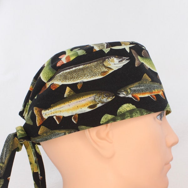 Mens Fish Scrub cap, Mens Scrub cap, Medical cap, Doctor cap, Mens medical hat, Mens tie cap, Tie cap, surgical cap, OR cap