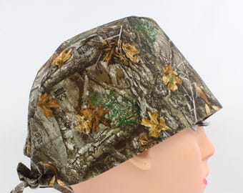 Woodland Camo Cotton 4.5" tall Handmade Scrub Cap for Women