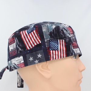 Patriotic Black Labrador with Flag Mens Scrub Cap, Mens OR Cap, Medical Cap,Tie Cap.  Enjoy FREE shipping when you spend 35 dollars or more!