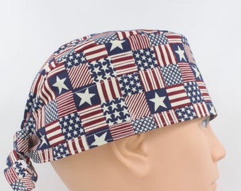 Stars and Stripes Patriotic Cotton 3.5" tall Handmade Scrub Cap for Men