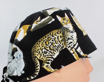 Gorro médico de algodón hecho a mano con estampado de gatos exóticos para mujer
