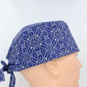 Blue Pattern Mens Scrub Cap, Mens OR Cap, Medical Cap, Doctor Cap, Tie Cap.  Enjoy FREE shipping when you spend 35 dollars or more!