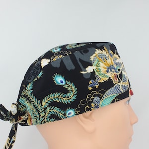 Dragons on Black Cotton 3.5&quot; tall Handmade Scrub Cap: Medical, Nurse, Doctor, OR, Surgeon, Pediatrics, Veterinarian, Dentist