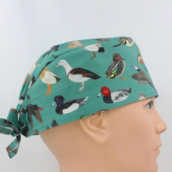 Ducks on Green Cotton 3.5" tall Handmade Scrub Cap for Men