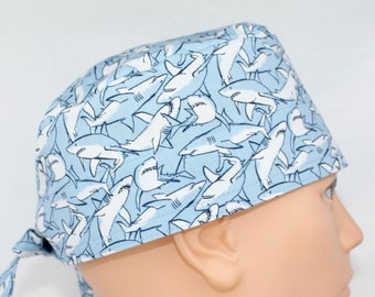 Gorro quirúrgico de algodón hecho a mano con estampado de tiburones, 8,9 cm de alto, para hombre.