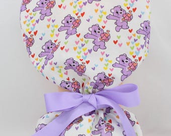 Lavender Cartoon Bears Print Handmade Cotton Ponytail Style Medical Scrub Bonnet for Women