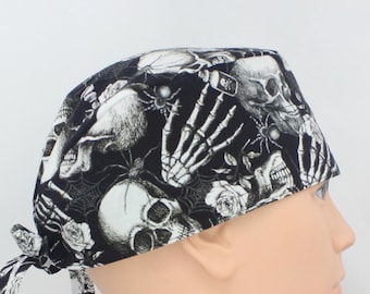 Halloween Skulls, Roses and Spiders Cotton 3.5" tall Handmade Scrub Cap for Men