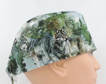 Watercolor Wolves Cotton 3.5" tall Handmade Scrub Cap for Men