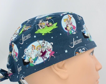 Cartoon on Dk. Blue Cotton 3.5" tall Handmade Scrub Cap for Men
