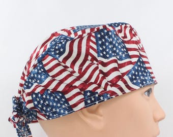 American Flag Patriotic Cotton 3.5" tall Handmade Scrub Cap for Men