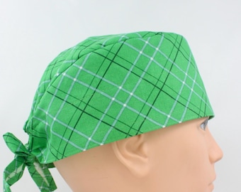 Plaid Green, Gray & Black Cotton 3.5" tall Handmade Scrub Cap for Men