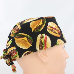 Cheeseburgers Mens Scrub Cap, Mens OR Cap, Medical Cap, Doctor Cap, Nurse Cap.   Enjoy FREE shipping when you spend 35 dollars or more!