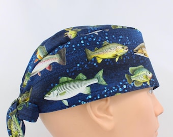 Gorro quirúrgico de algodón hecho a mano con estampado de trucha, 8,9 cm de alto, para hombre.