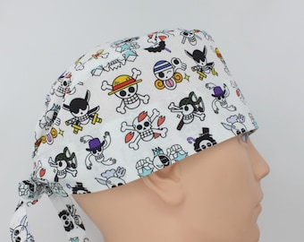 Bonnet de bloc opératoire en coton blanc fait main, motif personnages d'anime, 8,9 cm de haut, pour hommes