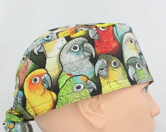 Colorful Parrots Cotton 3.5" tall Handmade Scrub Cap for Men