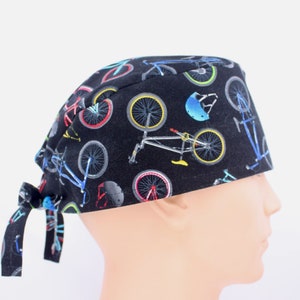 Bicycles on Black Mens Scrub Cap, Mens Scrub cap, Medical cap, Doctor cap. Enjoy FREE shipping when you spend 35 dollars or more!