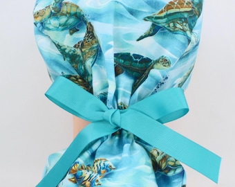 Sea Turtles Cotton Handmade Pony Tail Style Medical Scrub Cap for Women