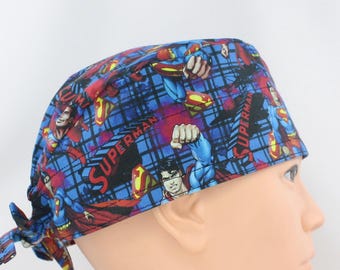 Cartoon on Blue Print Cotton 3.5" tall Handmade Scrub Cap for Men