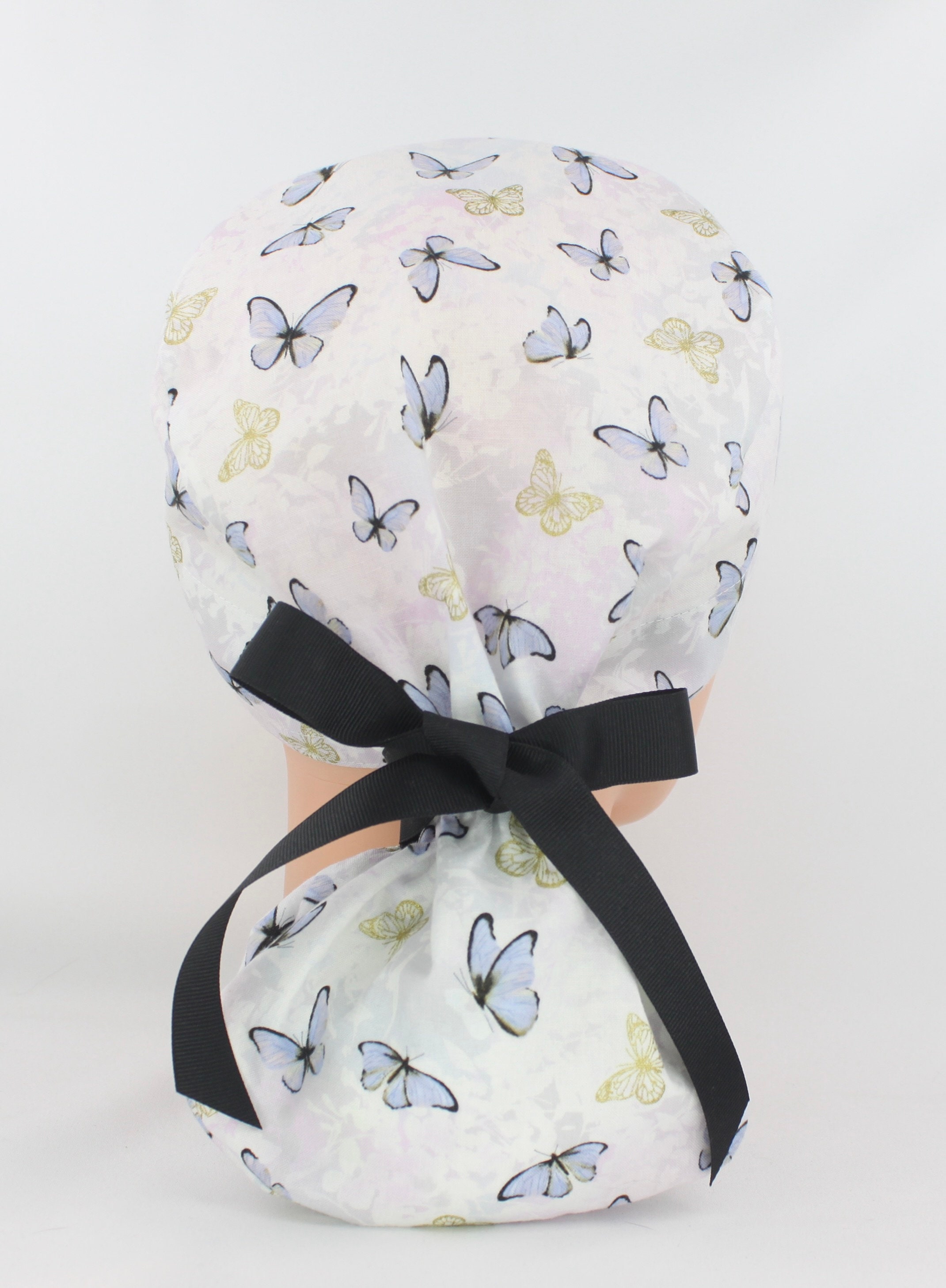 Blue & Gold Butterfly Handmade Cotton Ponytail Scrub Cap for  display picture 1