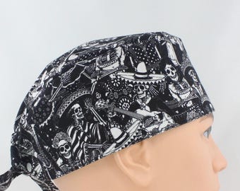 Day of the Dead Black Cotton 3.5" tall Handmade Scrub Cap for Men