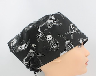 Pixie Style Cat Skeletons Handmade Cotton Adjustable Euro Toggle Scrub Cap