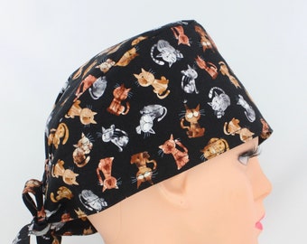 Kitties on Black Handmade Cotton Medical Bonnet for Women