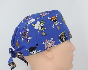 Bonnet de bloc opératoire bleu en coton fait main, motif personnages d'anime, 8,9 cm de haut, pour hommes