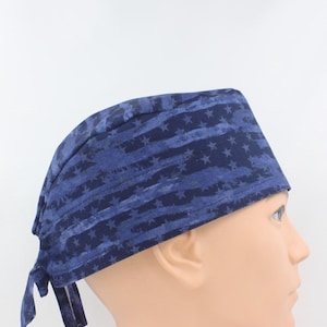 Stars and Stripes on Navy Mens Scrub Cap, Medical Cap, Doctor Cap, Tie Cap.   Enjoy FREE shipping when you spend 35 dollars or more!