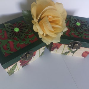 Set of two wooden jewellery/storage/make up,  trinket boxes. Hand decorated, poppy&#39;s decoupage, butterflies and glitters.Red and green c.