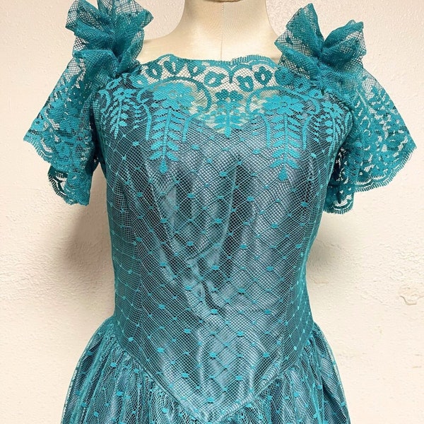 1980s-90s Vintage Homemade Teal Satin Lace Prom Dress